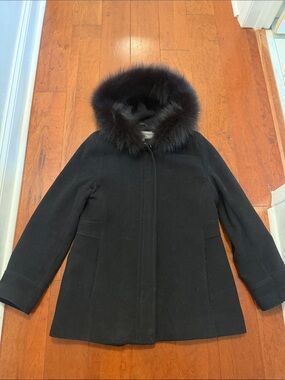 Black Wool Hooded Pea Coat with Fur Trim